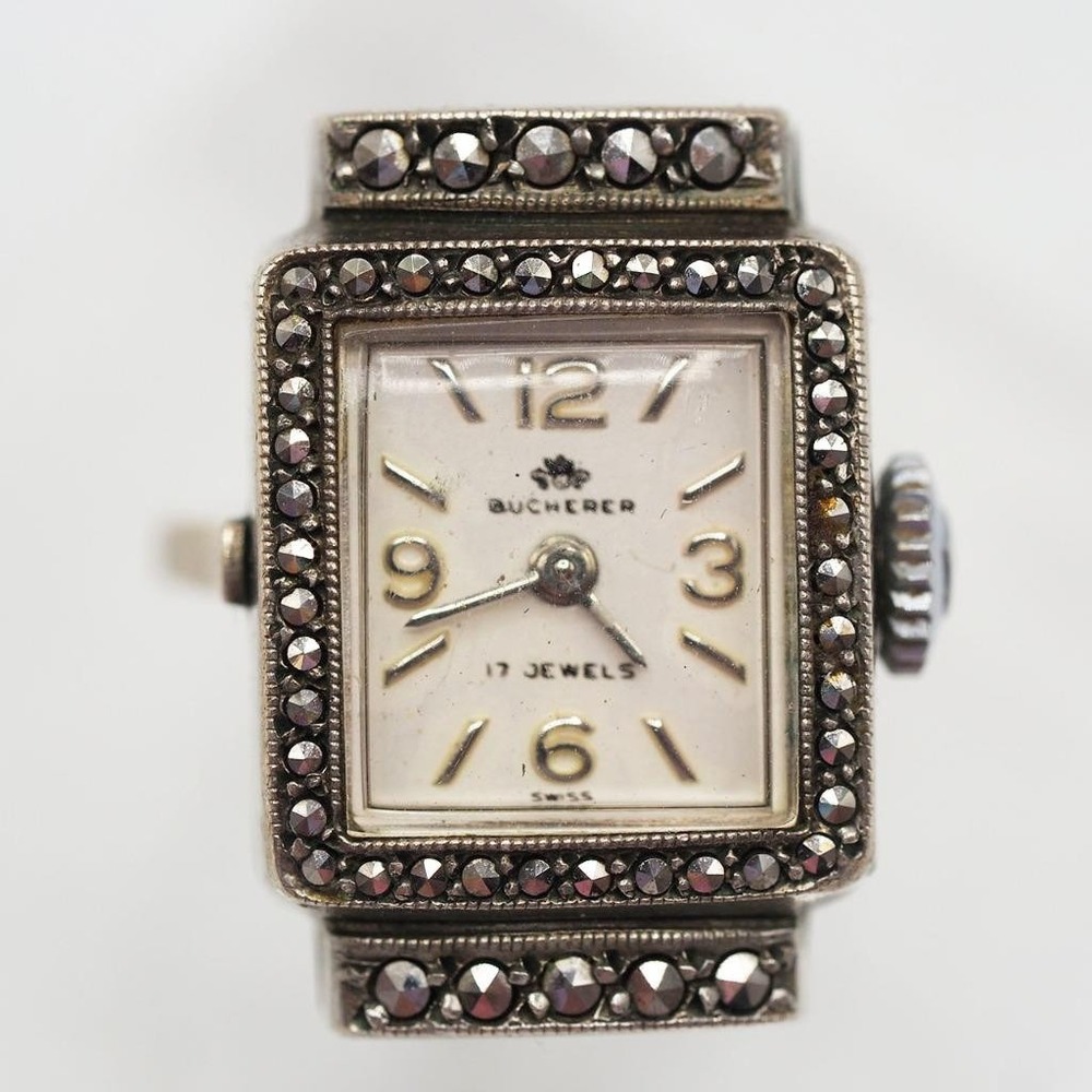 Bucherer Swiss Ring Watch Art Deco 800 Silver Marcasite 17 Jewels Vintage